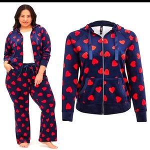 BOOTCUT SLEEP PANT & JACKET VELOUR HEARTS NAVY & RED